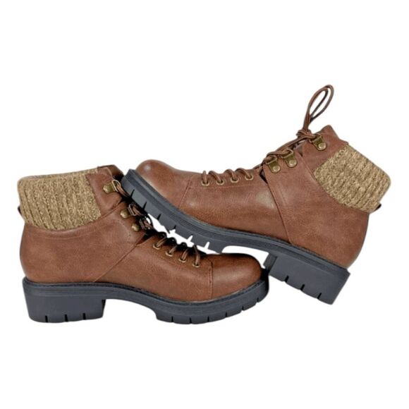 MIA Marsha Lug Hiking Boots Brown Vegan Leather Lace Up Textile Cuff 9 - Picture 3 of 10